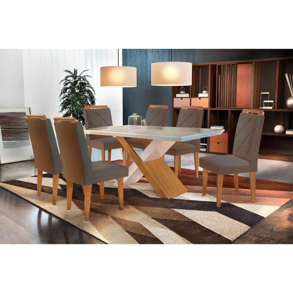 Sala de Jantar Completa Imperatriz Tampo Madeirado c/ Vidro Curvo 180x90 e 6 Cadeiras Melissa Imbuia - Veludo Capuccino - Rufato - 1