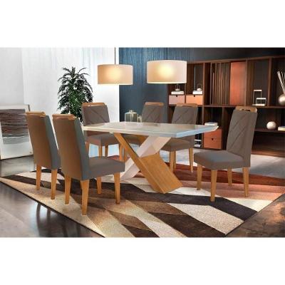 Sala de Jantar Completa Imperatriz Tampo Madeirado c/ Vidro Curvo 180x90 e 6 Cadeiras Melissa Imbuia - Veludo Capuccino - Rufato