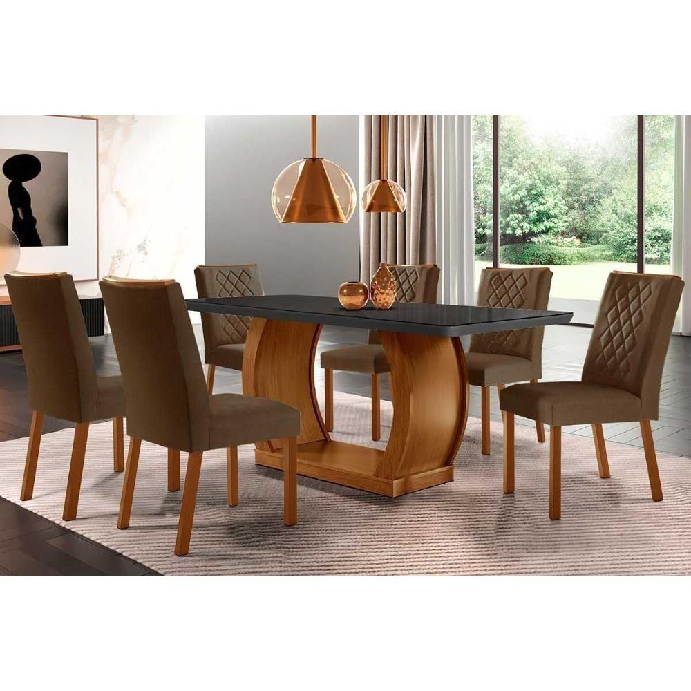 Sala de Jantar Completa Jade Tampo Madeirado c/ Vidro Curvo 180x90 e 6 Cadeiras Jade Imbuia/Grafite - Veludo Marrom - Rufato - 1