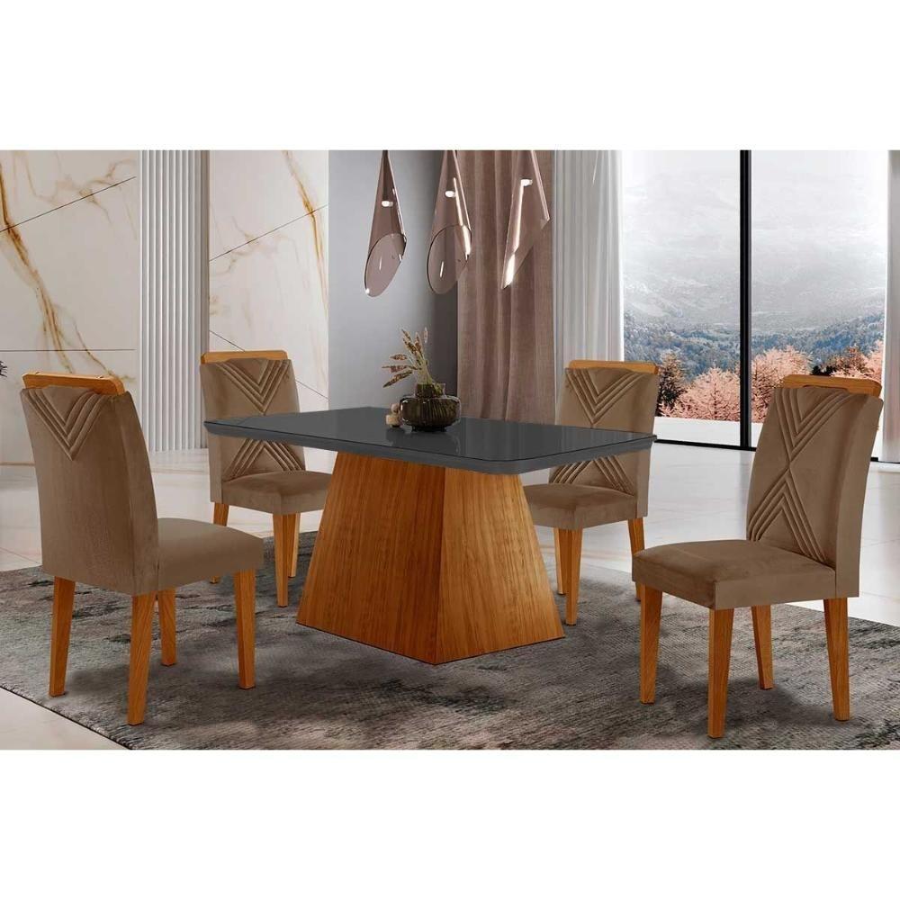 Sala de Jantar Completa Luna Tampo Madeirado c/ Vidro Canto Reto 120x80 e 4 Cadeiras Amsterdã Imbuia - Veludo Capuccino - Rufato - 1