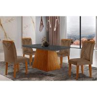 Sala de Jantar Completa Luna Tampo Madeirado c/ Vidro Canto Reto 120x80 e 4 Cadeiras Amsterdã Imbuia - Veludo Capuccino - Rufato - 1