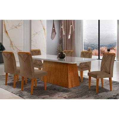 Sala de Jantar Completa Luna Tampo Madeirado c/ Vidro Canto Reto 180x90 e 6 Cadeiras Amsterdã Imbuia - Veludo Capuccino - Rufato