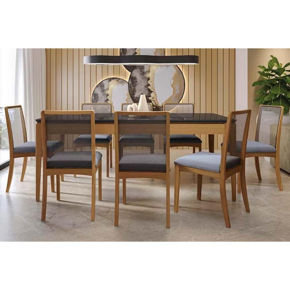 Sala de Jantar Completa Mira Tampo Madeirado c/ Vidro 100x200cm e 8 Cadeiras Lara Carvalho/Preto fosco/Vidro preto - Linho Cinza - Kappesberg - 1