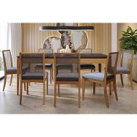 Sala de Jantar Completa Mira Tampo Madeirado c/ Vidro 100x200cm e 8 Cadeiras Lara Carvalho/Preto fosco/Vidro preto - Linho Cinza - Kappesberg - 1