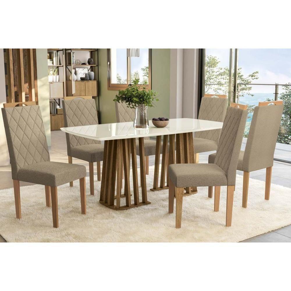 Sala de Jantar Completa Alteia Tampo Madeirado c/ Vidro 90x170cm e 6 Cadeiras 2CAD153 Nogueira/Off White/Vidro Off White - Eucalipto - Kappesberg - 1