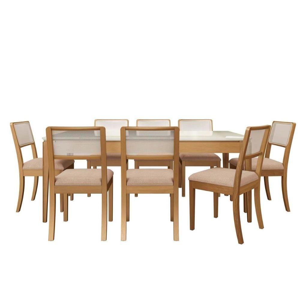 Sala de Jantar Completa Mira Tampo Madeirado c/ Vidro 200x100cm e 8 Cadeiras Lola Carvalho/Off White/Vidro Off White - Linho Beg - Kappesberg - 1