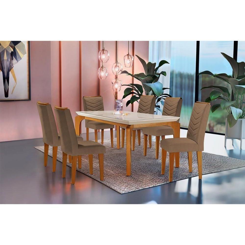 Sala de Jantar Completa Londrina Tampo Madeirado c/ Vidro Curvo 180x90cm e 6 Cadeiras Londrina Imbuia - Veludo Capuccino - Rufato - 1