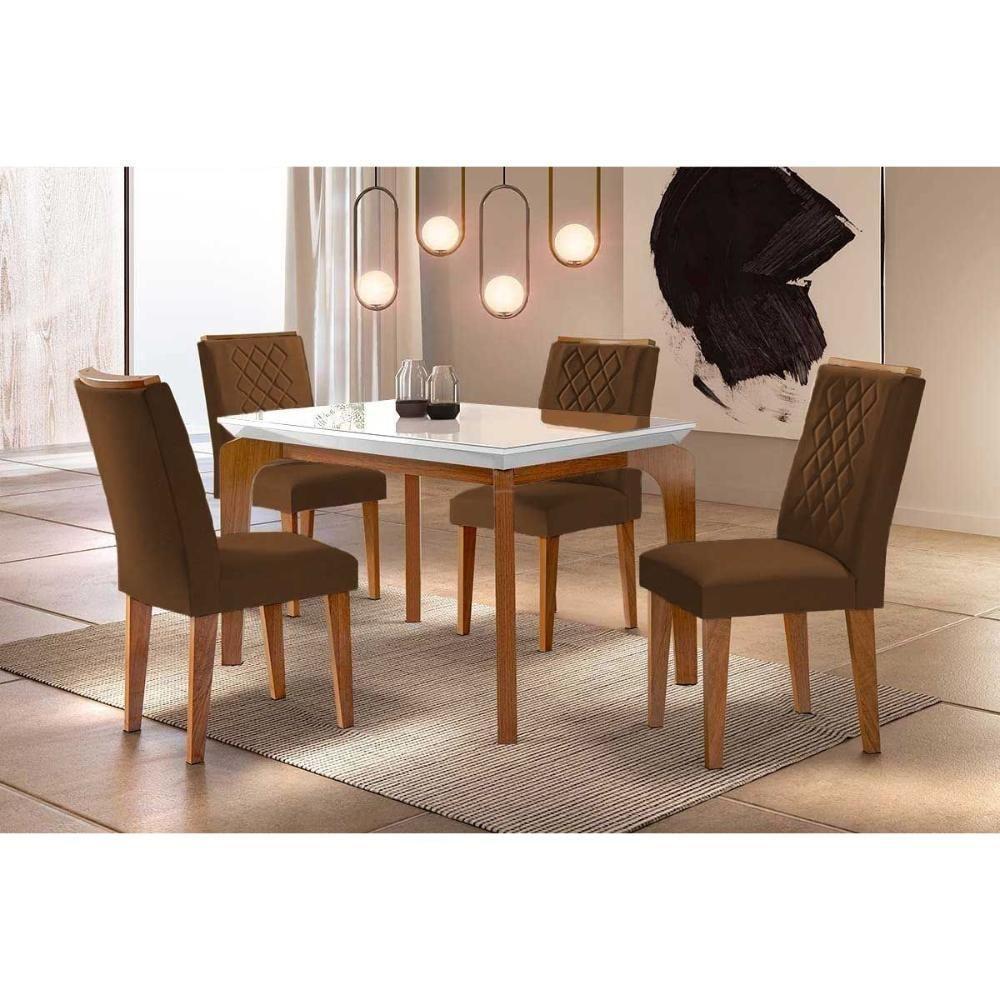 Sala de Jantar Completa Londrina c/ Tampo Madeirado Vidro Canto Curvo 120x80cm e 4 cadeiras Jade Imbuia/Off White - Veludo Marrom - Rufato - 1