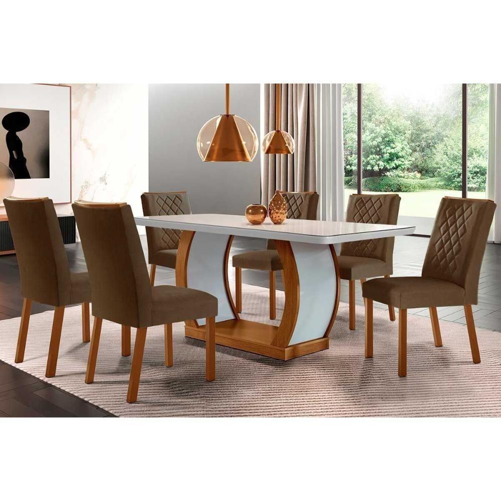 Sala de Jantar Completa Jade Tampo Madeirado c/ Vidro Curvo 180x90 e 6 Cadeiras Jade Imbuia/Off White - Veludo Marrom - Rufato - 1