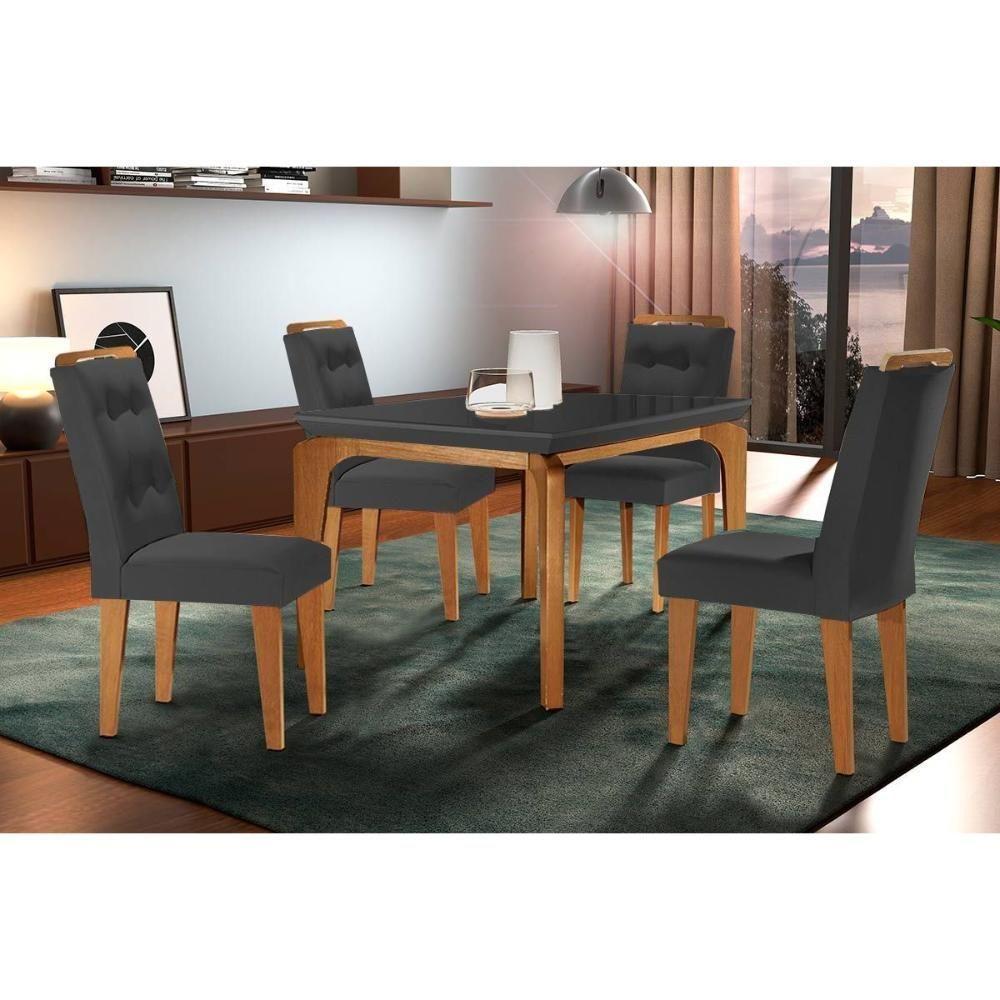 Sala de Jantar Completa Londrina c/ Tampo Madeirado c/ Vidro Canto Curvo 120x80cm e 4 cadeiras Imperatriz Imbuia/Grafite - Suede Grafite - Rufato - 1