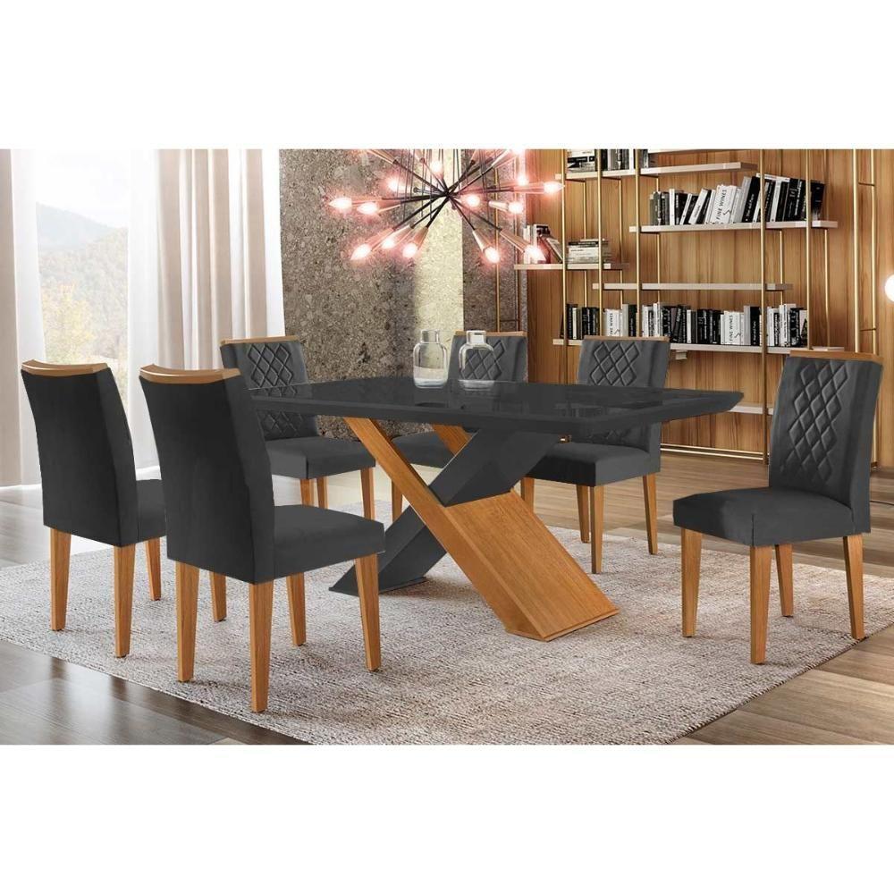 Sala de Jantar Completa Imperatriz Tampo Madeirado c/ Vidro Canto Curvo 180x90 e 6 Cadeiras Jade Imbuia/Grafite - Suede Grafite - Rufato - 1