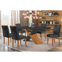 Sala de Jantar Completa Imperatriz Tampo Madeirado c/ Vidro Canto Curvo 180x90 e 6 Cadeiras Jade Imbuia/Grafite - Suede Grafite - Rufato - 1