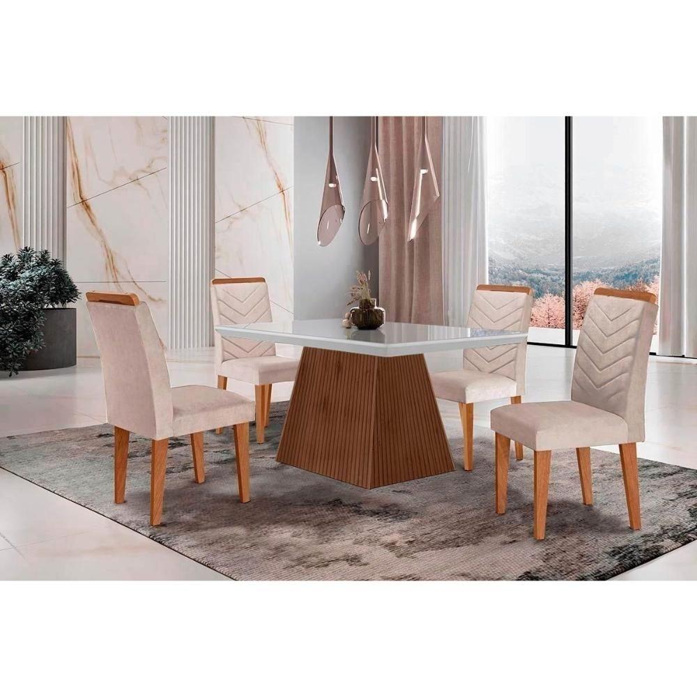 Sala de Jantar Completa Luna c/ Tampo Madeirado c/ Vidro Canto Curvo 120x80cm e 4 cadeiras Londrina Imbuia/Off White - Suede Creme - Rufato - 1