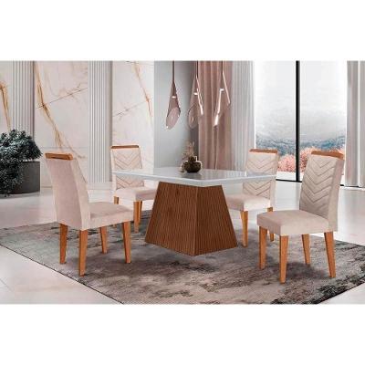 Sala de Jantar Completa Luna c/ Tampo Madeirado c/ Vidro Canto Curvo 120x80cm e 4 cadeiras Londrina Imbuia/Off White - Suede Creme - Rufato