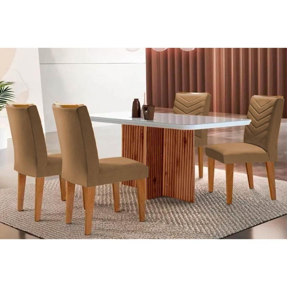 Sala de Jantar Completa Berlim c/ Tampo Madeirado Vidro Canto Curvo 120x80cm e 4 Cadeiras Londrina Imbuia/Off White - Suede Capuccino - Rufato - 1