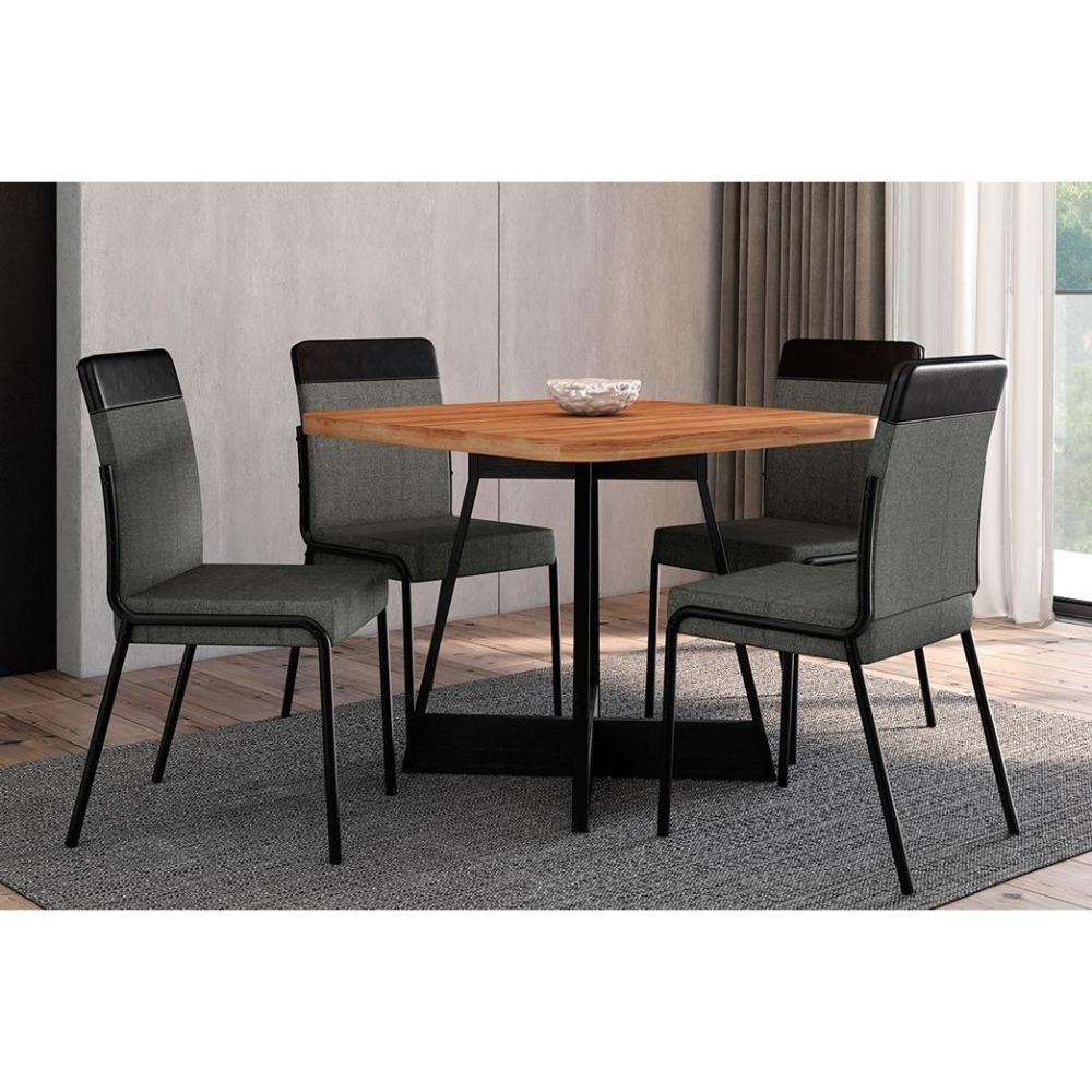 Sala de Jantar Completa Átria 1593 Aço c/ Tampo Madeirado 90x90cm e 4 Cadeiras Duo Preto/Nogal - Preto/Grafite - Preto - Carraro - 1