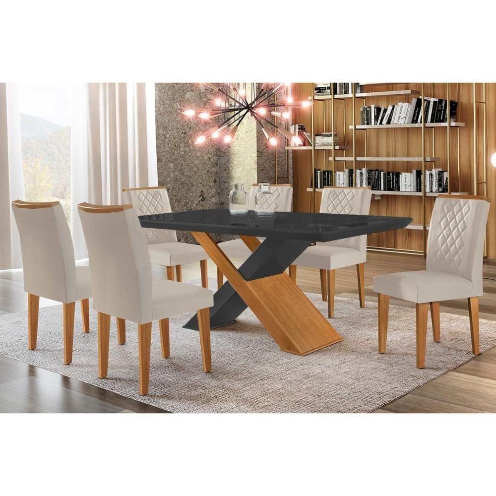 Sala de Jantar Completa Imperatriz Tampo Madeirado c/ Vidro Canto Curvo 180x90 e 6 Cadeiras Jade Imbuia/Grafite - Suede Creme - Rufato - 1