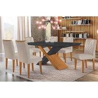 Sala de Jantar Completa Imperatriz Tampo Madeirado c/ Vidro Canto Curvo 180x90 e 6 Cadeiras Jade Imbuia/Grafite - Suede Creme - Rufato - 1