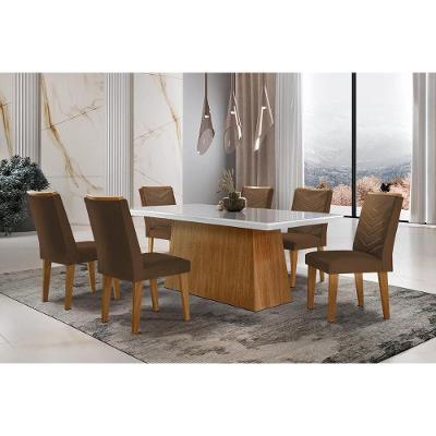 Sala de Jantar Completa Luna c/ Tampo Vidro Canto Curvo 180x90cm e 6 cadeiras Londrina Imbuia/Off White - Suede Marrom - Rufato