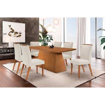 Sala de Jantar Completa Luna c/ Tampo Madeirado Canto Curvo 180x90cm e 6 cadeiras Londrina Imbuia-Capuccino/Suede Creme - Rufato