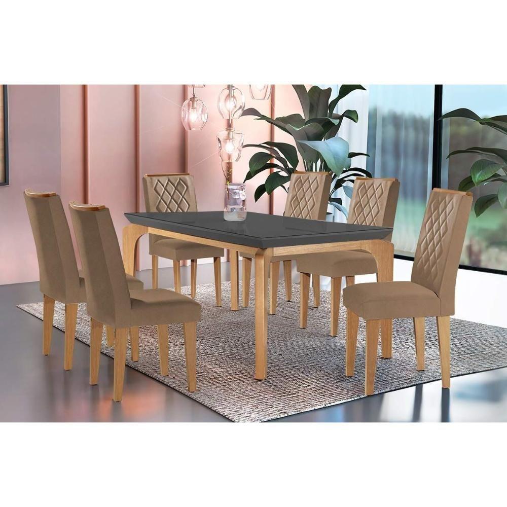 Mesa de Sala Jantar Londrina c/ Tampo Madeirado Vidro Canto Curvo 180x90cm e 6 cadeiras Jade Imbuia/Grafite - Suede Capuccino - Rufato - 1