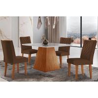 Sala de Jantar Completa Luna c/ Tampo Madeirado Vidro Canto Curvo 90x90cm e 4 cadeiras Jade Imbuia/Off White - Suede Marrom - Rufato - 1