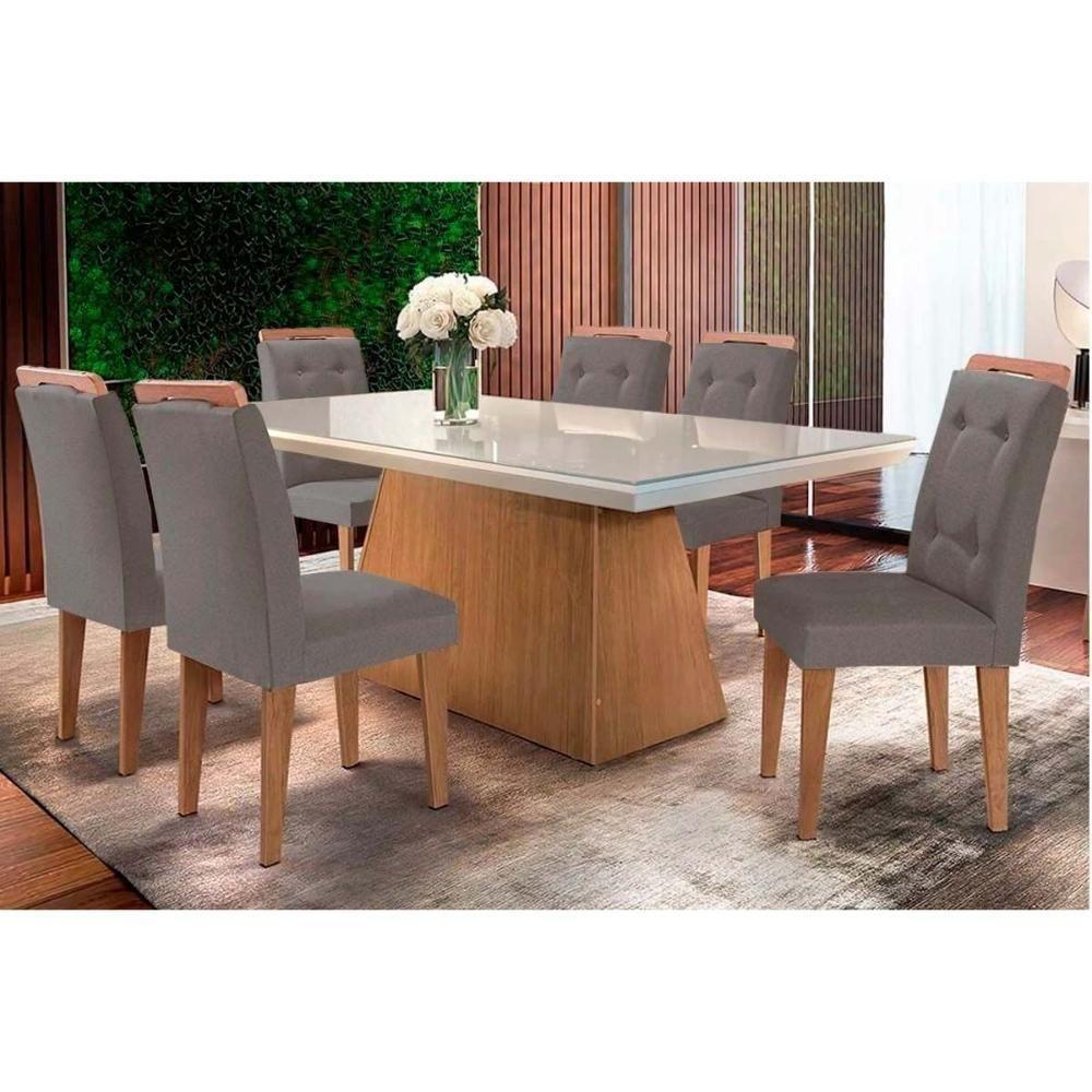 Sala de Jantar Completa Luna c/ Tampo de Vidro Canto Curvo 180x90cm e 6 cadeiras Imperatriz Imbuia/Off White - Suede Grafite - Rufato - 1