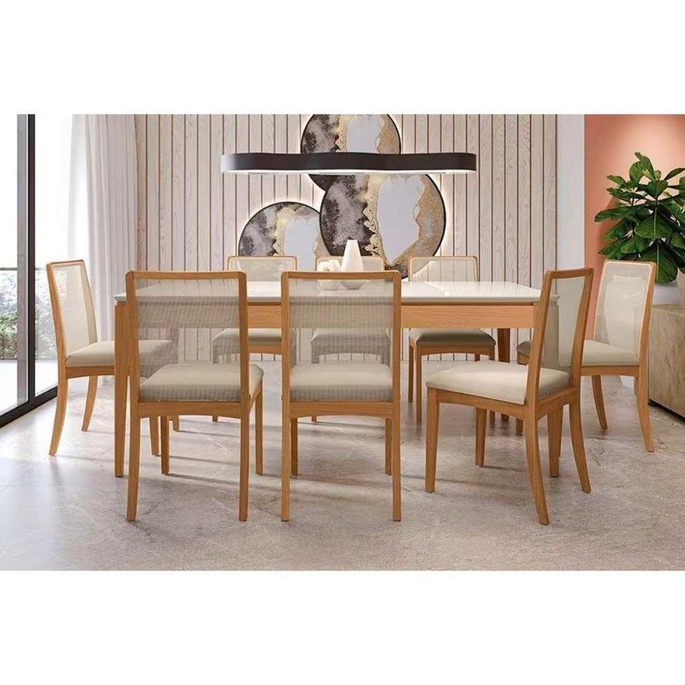 Mesa de Sala Jantar Mira Madeira Maciça c/Tampo Madeirado c/ Vidro 200x100cm Carvalho/Off White/Vidro Off White - Kappesberg - 3