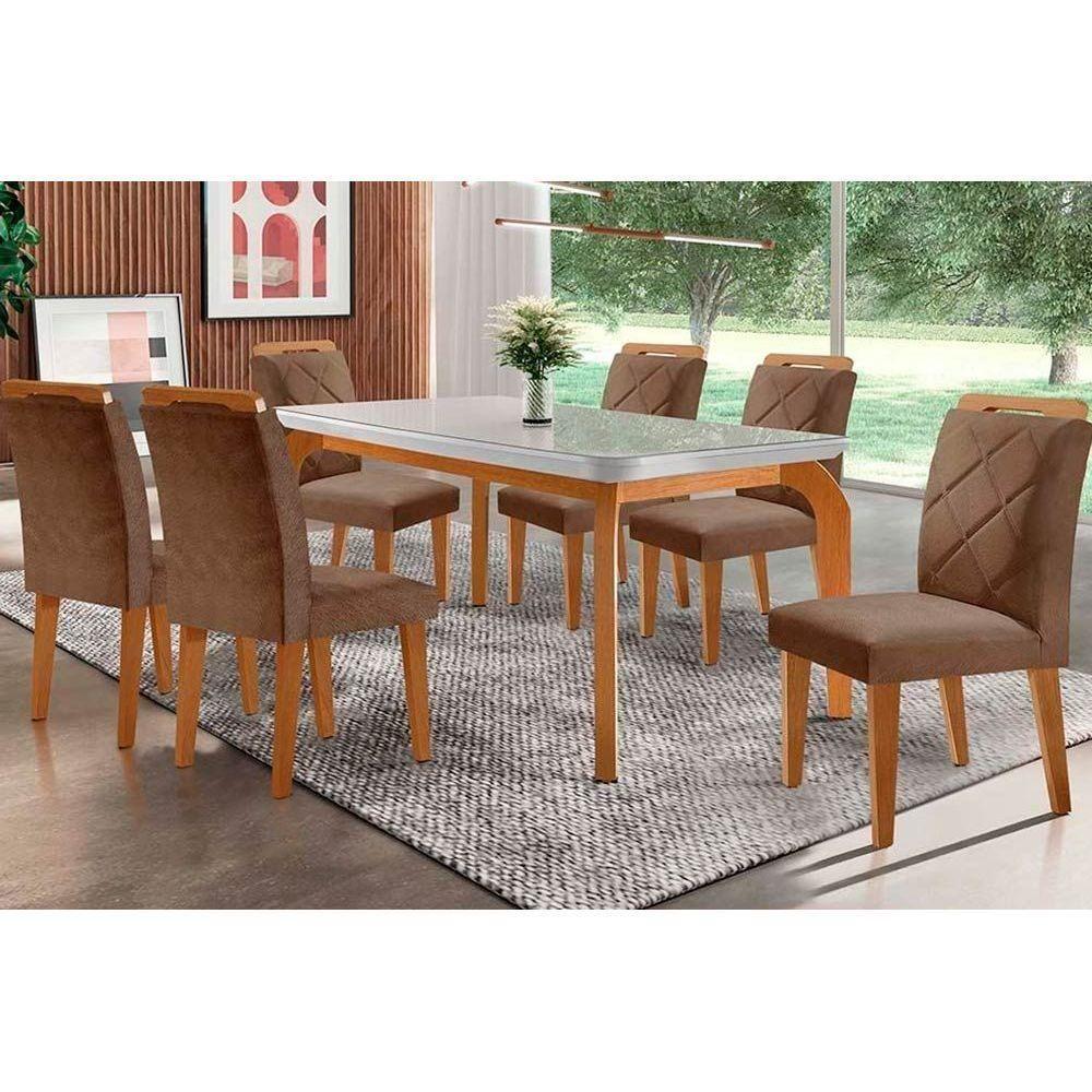 Sala de Jantar Completa Londrina Tampo Madeirado c/ Vidro Curvo 180x90cm e 6 Cadeiras Melissa Imbuia - Veludo Capuccino - Rufato - 1
