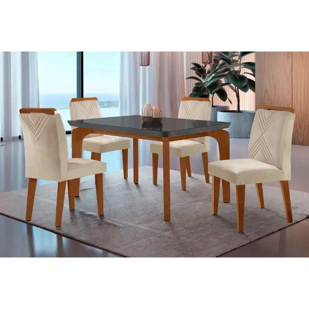 Sala de Jantar Completa Londrina Tampo Madeirado c/ Vidro Curvo 120x80 e 4 Cadeiras Amsterdã Imbuia - Veludo Creme - Rufato - 1