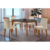 Sala de Jantar Completa Londrina Tampo Madeirado c/ Vidro Curvo 120x80 e 4 Cadeiras Amsterdã Imbuia - Veludo Creme - Rufato - 1