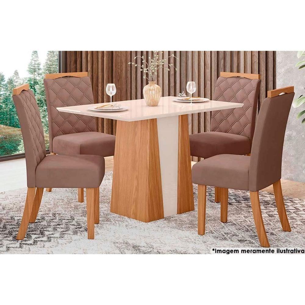 Sala de Jantar Completa Orus c/ Tampo Madeirado 120x80cm e 4 Cadeiras Bella Nature/Off White - Suede Marrom - Henn - 1