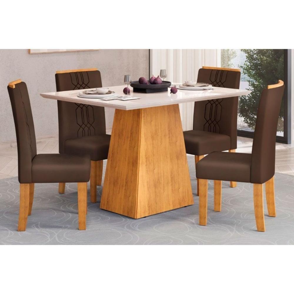 Sala de Jantar Completa Dulce Tampo Madeirado c/ Vidro Reto 120x90cm e 4 Cadeiras Zoe Cedro/Off White - Suede Moca - DJ Móveis - 1