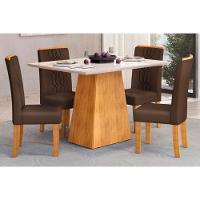 Sala de Jantar Completa Dulce Tampo Madeirado c/ Vidro Reto 120x90cm e 4 Cadeiras Zoe Cedro/Off White - Suede Moca - DJ Móveis - 1