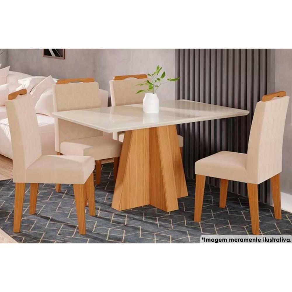 Sala de Jantar Completa Patricia c/ Tampo Madeirado c/ Vidro Canto Reto 130x80cm e 4 Cadeiras Paola Nature-Madeirado/Suede Nude - Cimol - 1