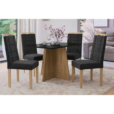 Sala de Jantar Completa Lótus Tampo Madeirado c/ Vidro 80x120cm e 4 Cadeiras 2CAD150 Nogueira/Preto fosco/Vidro preto - Eucalipto/V - Kappesberg
