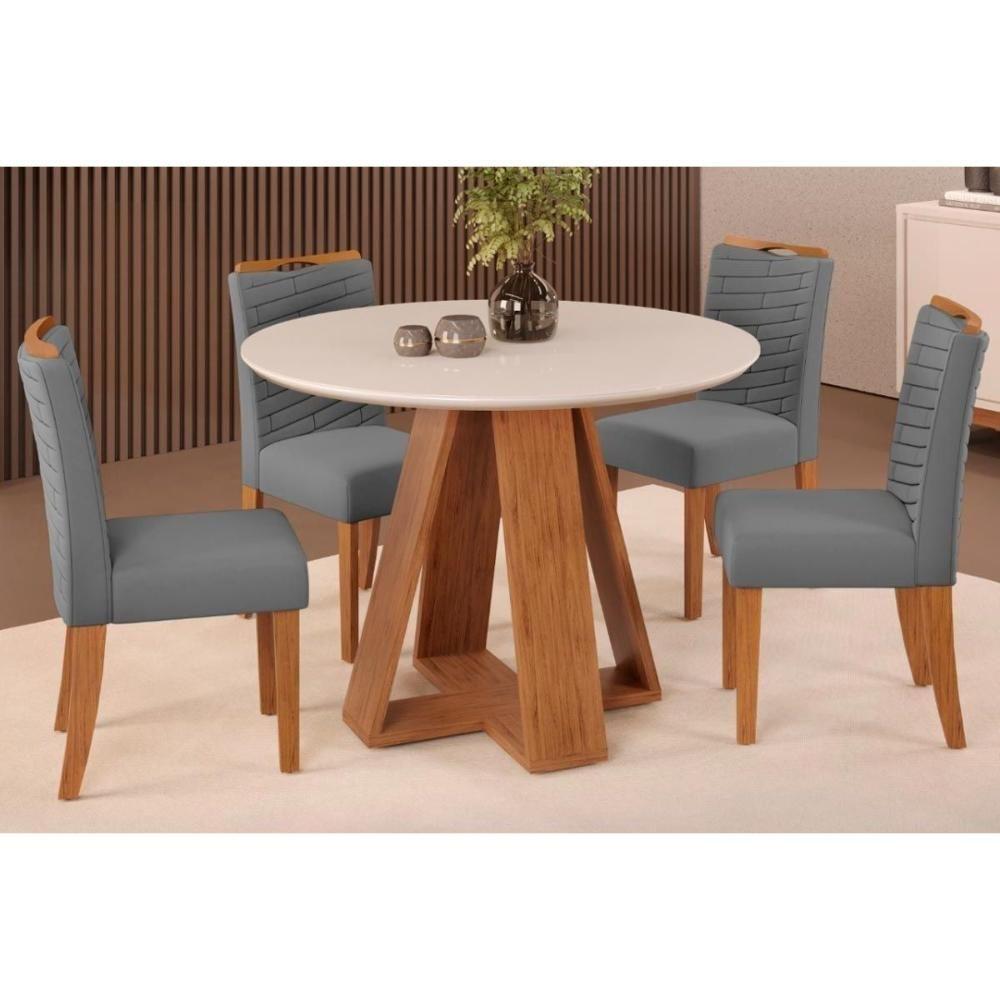 Sala de Jantar Completa Celeste Tampo Madeirado c/ Vidro Redondo 103x103cm e 4 Cadeiras Julia Freijo/Off White - Suede Lunar - DJ Móveis - 1