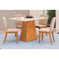 Sala de Jantar Completa Dulce Tampo Madeirado c/ Vidro Reto 120x90cm e 4 Cadeiras Zoe Cedro/Off White - Ipe/Suede Creme - DJ Móveis - 1