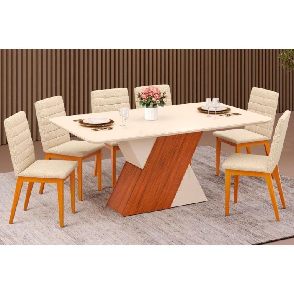 Sala de Jantar Completa Rubi c/ Tampo Madeirado c/ Vidro 170x90cm e 6 Cadeiras Sofia Freijo/Off White/Off White - Ipe/Linho Neve - DJ Móveis - 1