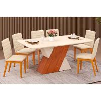 Sala de Jantar Completa Rubi c/ Tampo Madeirado c/ Vidro 170x90cm e 6 Cadeiras Sofia Freijo/Off White/Off White - Ipe/Linho Neve - DJ Móveis - 1