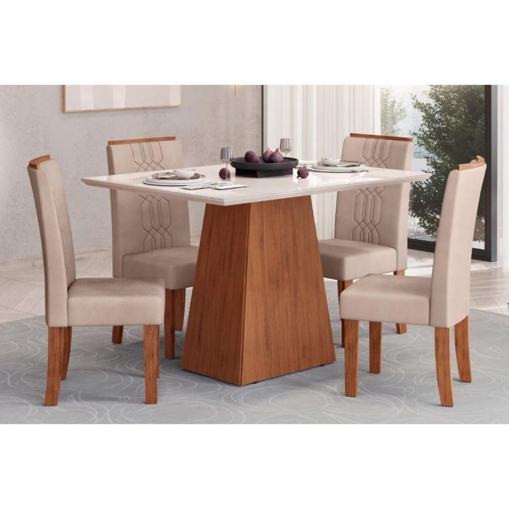 Sala de Jantar Completa Dulce Tampo Madeirado c/ Vidro Reto 180x90cm e 4 Cadeiras Zoe Freijo/Off White - Suede Creme - DJ Móveis - 1
