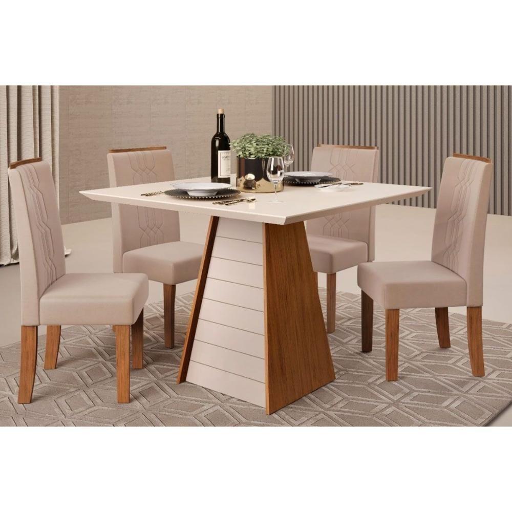 Sala de Jantar Completa Fler Tampo Madeirado c/ Vidro 90x90cm e 4 Cadeiras Zoe Freijo/Off White - Suede Creme - DJ Móveis - 1