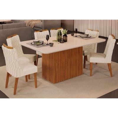 Sala de Jantar Completa Canes Tampo Madeirado c/ Vidro Curvo 170x90cm e 6 Cadeiras Bia Freijo/Off White - Linho Neve - DJ Móveis