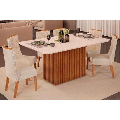 Sala de Jantar Completa Canes Tampo Madeirado c/ Vidro Curvo 170x90cm e 6 Cadeiras Jade Freijo/Off White - Linho Neve - DJ Móveis