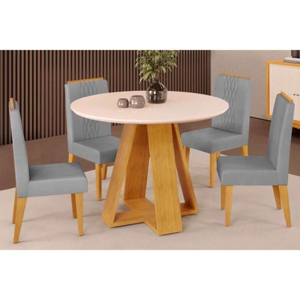 Sala de Jantar Completa Celeste Tampo Madeirado c/ Vidro Redondo 103x103cm e 4 Cadeiras Lia Cedro/Off White - Suede Lunar - DJ Móveis - 1