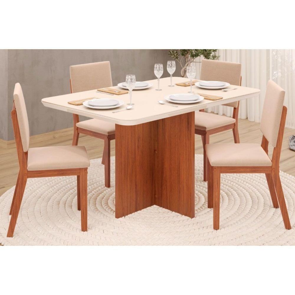 Sala de Jantar Completa Hera Tampo Madeirado c/ Vidro Reto 120x90cm e 4 Cadeiras Talia Freijo/Off White - Suede Creme - DJ Móveis - 1