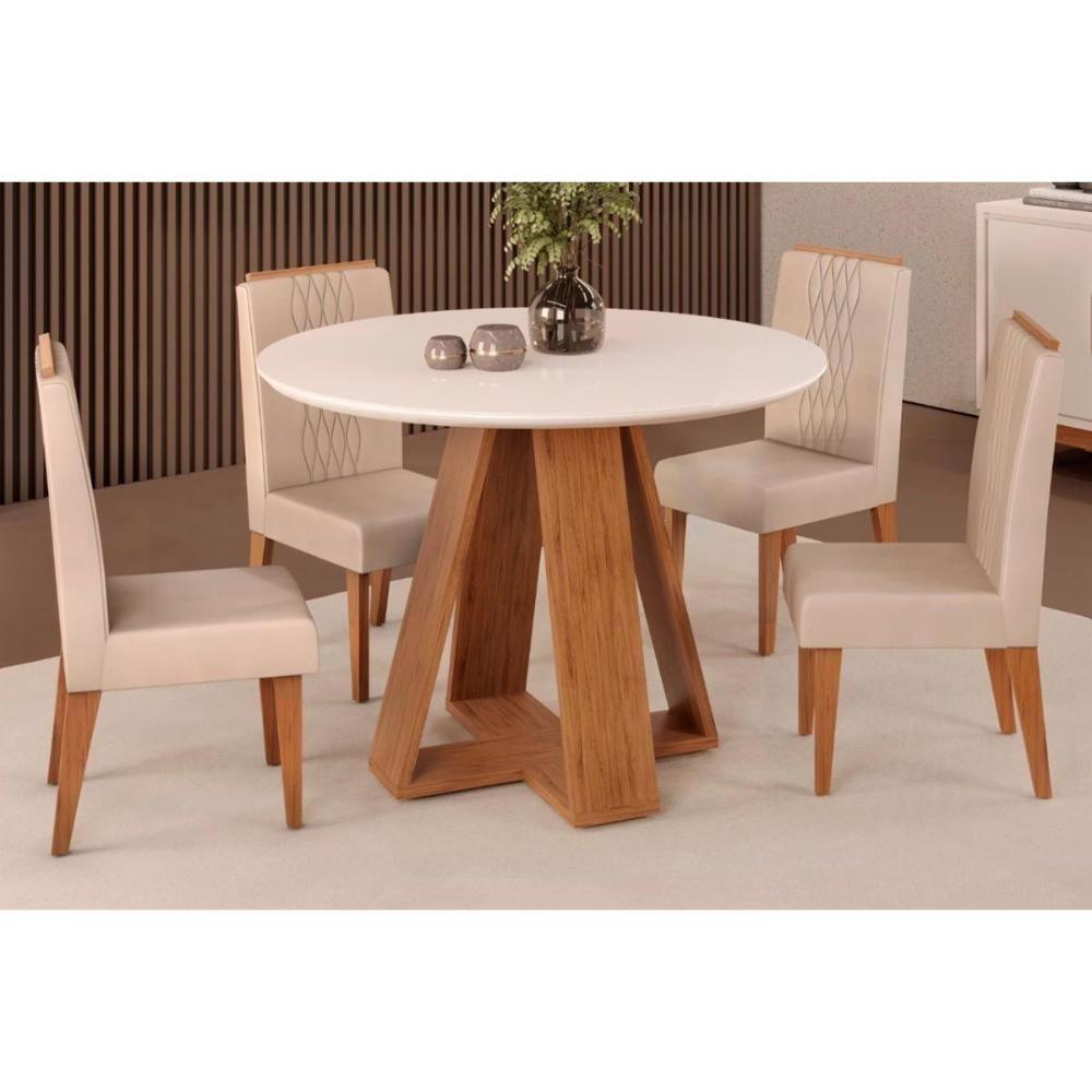 Sala de Jantar Completa Celeste Tampo Madeirado c/ Vidro Redondo 103x103cm e 4 Cadeiras Lia Freijo/Off White - Suede Kraft - DJ Móveis - 1