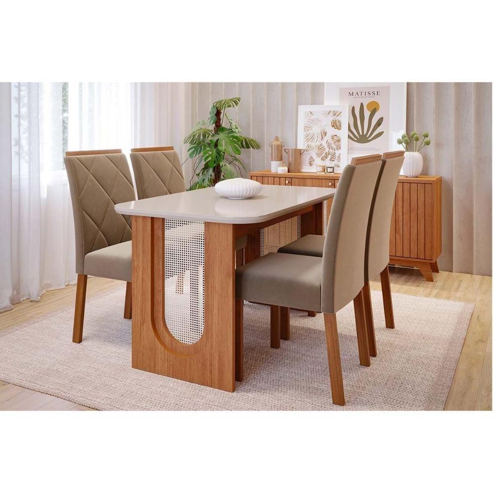 Sala de Jantar Completa Valentina Tampo Madeirado c/ Vidro 130x80cm e 4 Cadeiras Fernanda Cinamomo/Off White - Madeirado/Suede Joli Capu - Cimol - 1