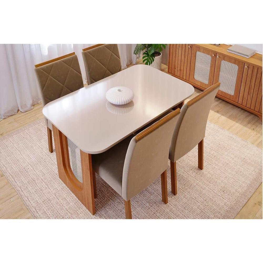 Sala de Jantar Completa Valentina Tampo Madeirado c/ Vidro 130x80cm e 4 Cadeiras Fernanda Cinamomo/Off White - Madeirado/Suede Joli Capu - Cimol - 7