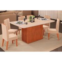Sala de Jantar Completa Canes Tampo Madeirado c/ Vidro Curvo 170x90cm e 6 Cadeiras Zoe Freijo/Off White - Suede Kraft - DJ Móveis - 1